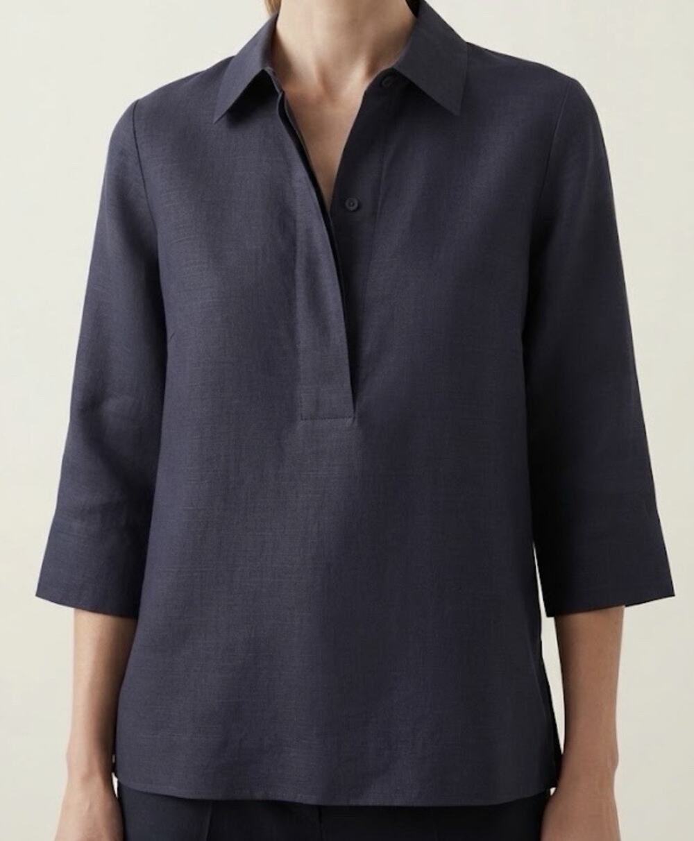 COS Navy Linen Woven Collared 3/4 Sleeve Pullover Blouse w/ Buttons 6